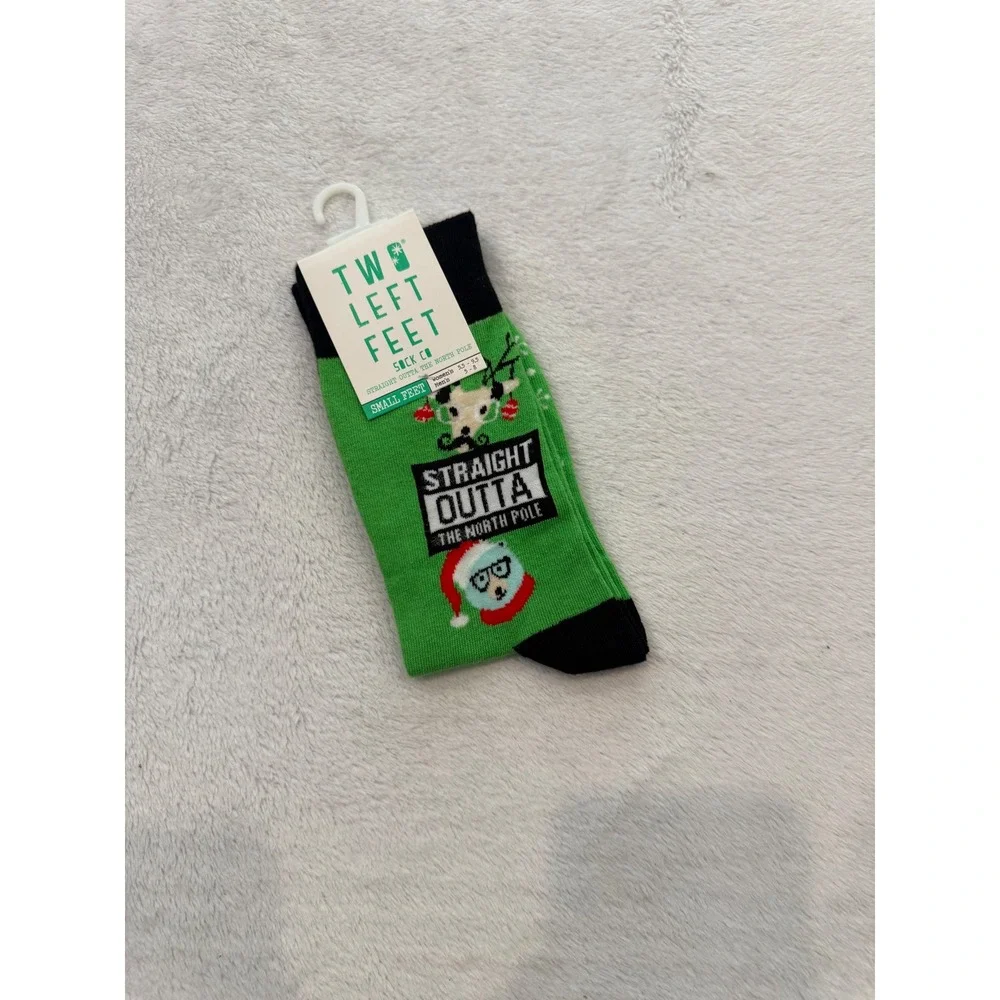 Two Left Feet Straight Outta The North Pole Christmas Socks Green Small Feet NEW